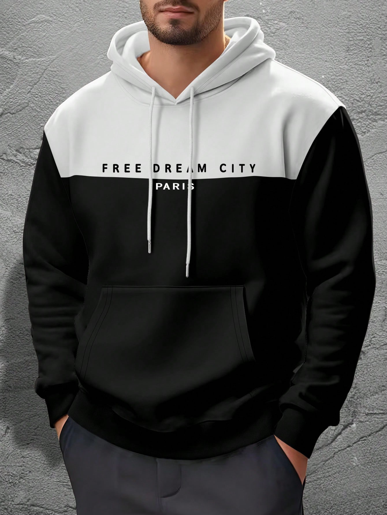 Manfinity Dauomo Men's Color Block Patchwork Letter Print Drawstring Hoodie Sweatshirt