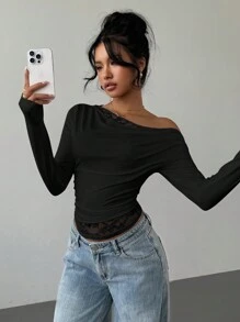 Siren Gaze Autumn Solid Color Asymmetrical Neck Lace Splicing Cowl Collar Long-Sleeved Women's T-Shirt Lace Long-Sleeved T-Shirt For Women Casual Holiday Women New Years Y2k Top Winter Black Spring - Black - View 6