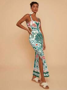 Travachic 女式针织印花细肩带腰部镂空紧身连衣裙