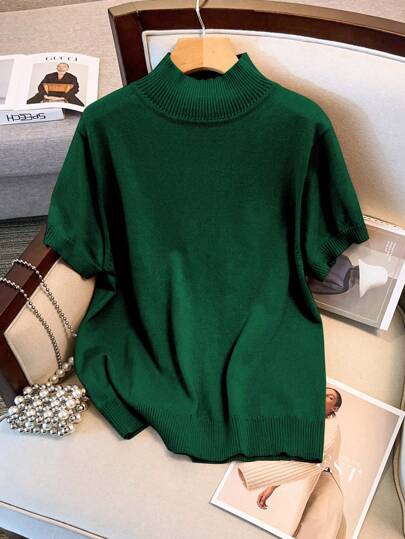 SHEIN LUNE Plus Size Solid Krótki Rękaw Golf Dzianinowy Top