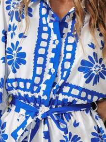 SHEIN VCAY Mono informal de mujer con cuello y manga corta con estampado, corte holgado para vacaciones y resort