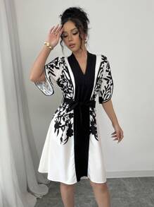 Calvaya V-Neck Short Sleeve Black And White Color Block Print Cinched Waist Waist Crop Spring/Summer Apricot Dress For Women