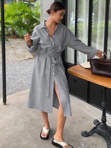 DAZY Váy sơ mi kẻ sọc rộng, dài vừa phải cho nữ, Váy thường ngày cho nữ, Váy mùa thu - Màu xanh lam - Xem 7