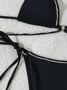 SHEIN Swim Women's Springbreak Bikini Set, Halter Neck Tie Swimsuit With Circular Rhinestone Chain, Sexy Open Back, Casual & Elegant For Holiday Swimming - Black - View 4