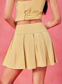 Thainara Oliveira 设计师浅黄色宽腰带蝴蝶结奶油黄色百褶迷你裙，节日 - 黃色 - 查看 2