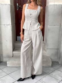 SHEIN Essnce Summer Women's Linen Suit Solid Color Minimalist Style Elegant Casual Commuter Suit Female - Apricot - View 4