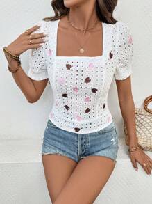 SHEIN LUNE 情人节度假心形刺绣泡泡袖系带衬衫