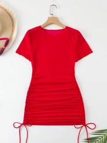 Swim SXY Summer Women's See-Through Mesh Side Drawstring Fitted Mini Cover-Up Dress - Red - View 3