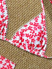 Swim Mod Springbreak New 3 Pcs Sexy Swimwear Set, Ditsy Floral Deep V Rib Gathered High Waist Bikini For Summer Beach Vacation - Red - View 8