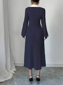 SHEIN Unity 女式时尚花卉蕾丝撞色中长款紧身泡泡袖针织毛衣连衣裙 - 藏蓝色 - 查看 2