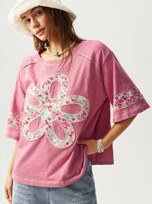 Bohemela 大码夏季休闲花卉拼布短袖T恤 - 粉色 - 查看 4