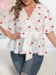Flirla Plus Size Valentine's Day Heart Embroidery Cut-Out Blouse - White - View 3