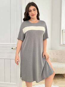 Color Block Casual Round Neck Side Slit Short Sleeve Plus Size T-Shirt Nightgown - Light Grey - View 5