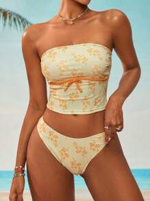 Swim Mod Women's Sweet Ditsy Floral Strapless Bikini Set, Spring/Summer - Yellow - View 3