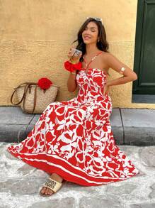 Calvaya Elegante romantische jurk met grote bloemenprint en ruches in één kleur en gekruiste bandjes voor dames, lente/zomer