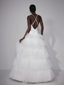 Elitara 优雅简约白色性感大露背超大蛋糕裙长款婚礼节女式正式婚纱、新娘礼服 - 白色 - 查看 1