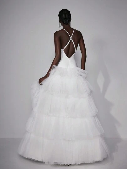 Elitara 优雅简约白色性感大露背超大蛋糕裙长款婚礼节女式正式婚纱、新娘礼服