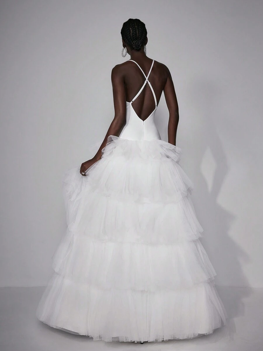 Elitara 优雅简约白色性感大露背超大蛋糕裙长款婚礼节女式正式婚纱、新娘礼服 - 白色 - 查看 1