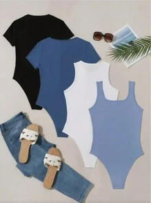 Women Solid Color Bodysuit, Tight Fitting & Sexy - Multicolor - View 2