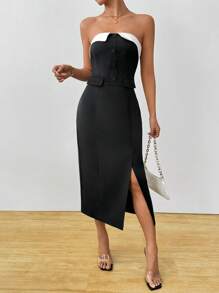 Chiquease 女士优雅通勤风格撞色纽扣长裙，春夏