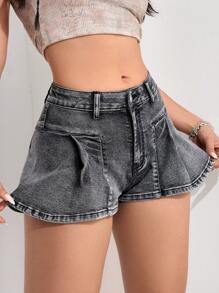 SHEIN EZwear 女士休闲洗水做旧牛仔短裤 - 灰色 - 查看 5