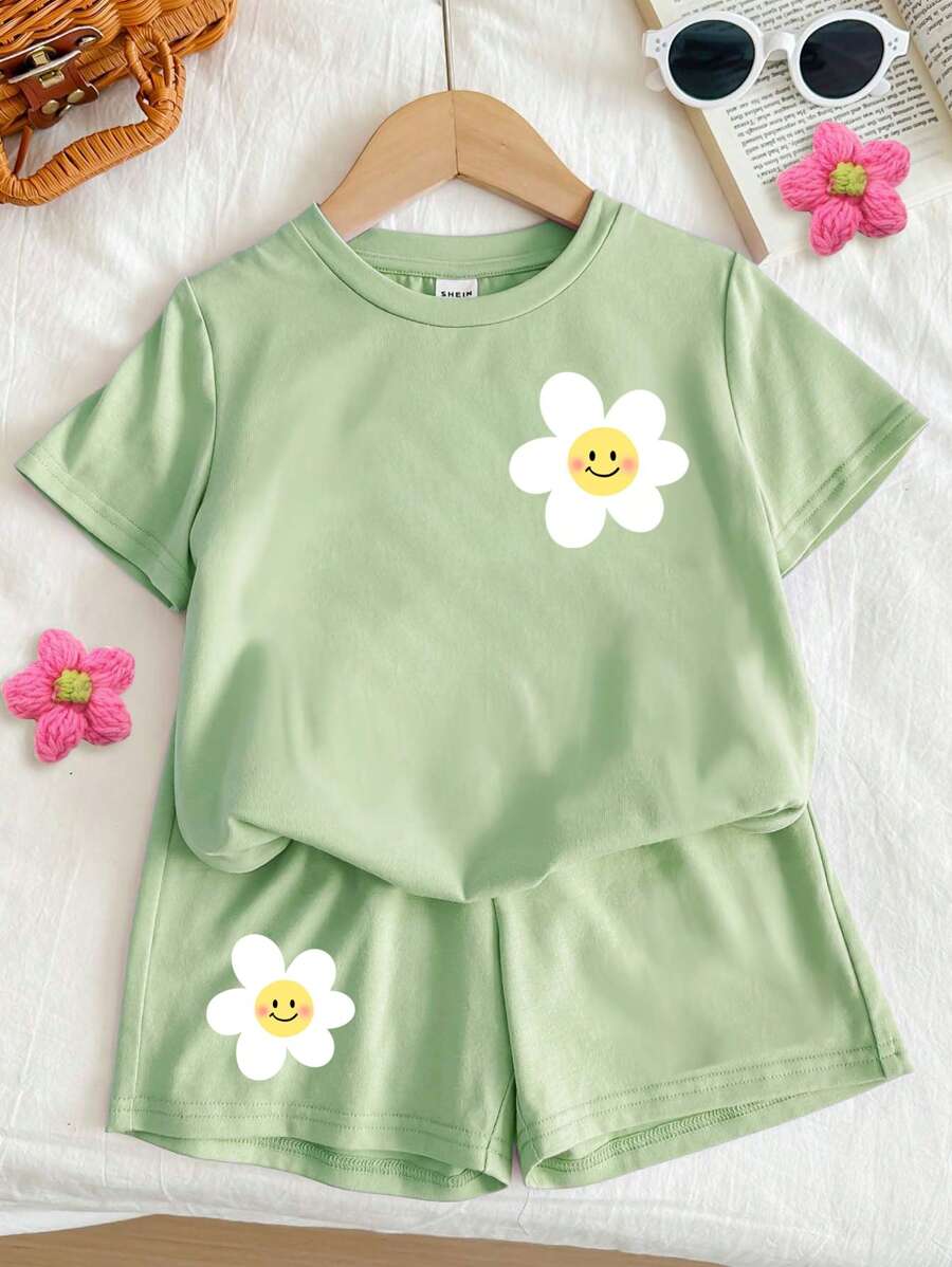 SHEIN Leap Crew 青少年女孩 2 件套休闲短裤和短袖上衣套装，适合夏季 - 綠色 - 查看 1