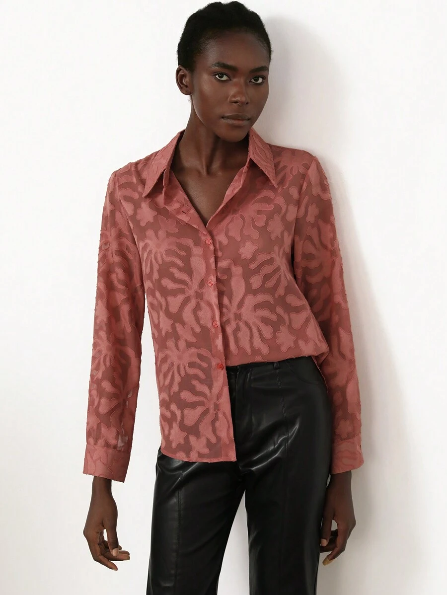 SHEIN Privé 不带胸罩的纽扣透明衬衫优雅商务休闲女士纽扣衬衫女士 - 藕粉色 - 查看 1