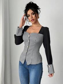 Chiquease Single Breasted Square Collar Solid Color Patchwork Houndstooth Shirt - Black and White - View 6