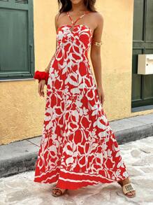 Calvaya Elegante romantische jurk met grote bloemenprint en ruches in één kleur en gekruiste bandjes voor dames, lente/zomer