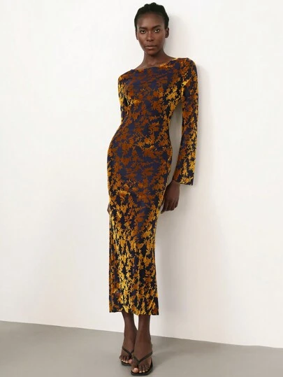 Aveloria Modichic 优雅复古简约纹理撞色圆领收腰长袖连衣裙，女士，春季