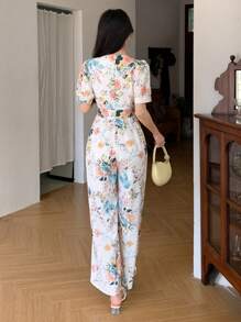 DAZY Mono de mujer con estampado floral, cuello en V y mangas abultadas