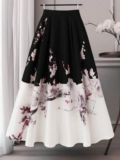 Rometta Plus Size Women National Style Colorblock Ditsy Floral A-Line Skirt Fall Cloth For Women