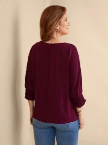 EMERY ROSE Women's Casual Solid Color Jacquard Bat Wing Shirt, Spring/Summer - Burgundy - View 2