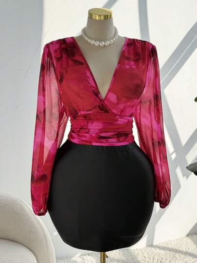 Ceyna Blusa con escote en V plisada de manga farol con estampado de teñido anudado para mujer de talla grande