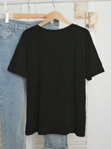 INAWLY 大码女式圆领夏季 T 恤，带口号图案 - 黑色 - 查看 2