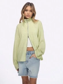 MISSGUIDED Cozy Ribbed Zip-Up Cardigan Sweater Stand Collar Balloon Sleeve Lightweight Spring Fall Casual Daily Wear Fashion Outerwear - Mint Green - View 1