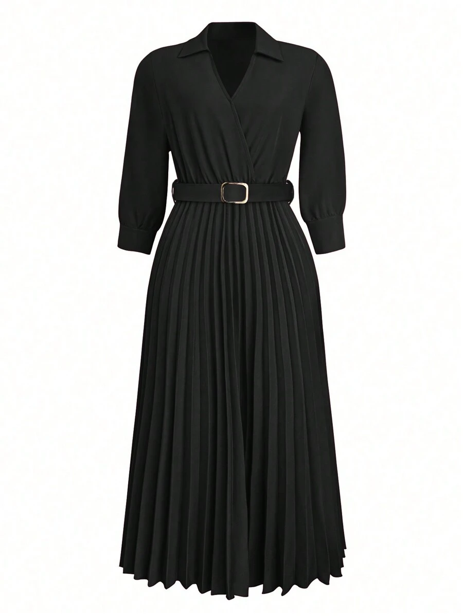 SHEIN Clasi Red Pleated Collar & Hem Dress For Women - Black - View 1