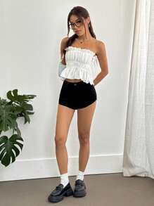 Flirla 休闲/通勤/度假侧蝴蝶结系带褶皱荷叶边抹胸，适合春夏季 - 白色 - 查看 5