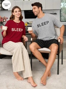 Bộ đồ ngủ 2 món in chữ tay ngắn rộng rãi thoải mái cho nữ và quần ống rộng kẻ sọc - Màu Đỏ Sâu - Xem 1