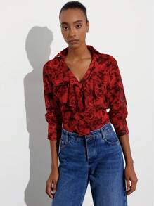 Aveloria Modichic Damen Langarm Rüschen V-Ausschnitt Vintage Muster Bluse - Verschiedenfarbig - Übersicht 2
