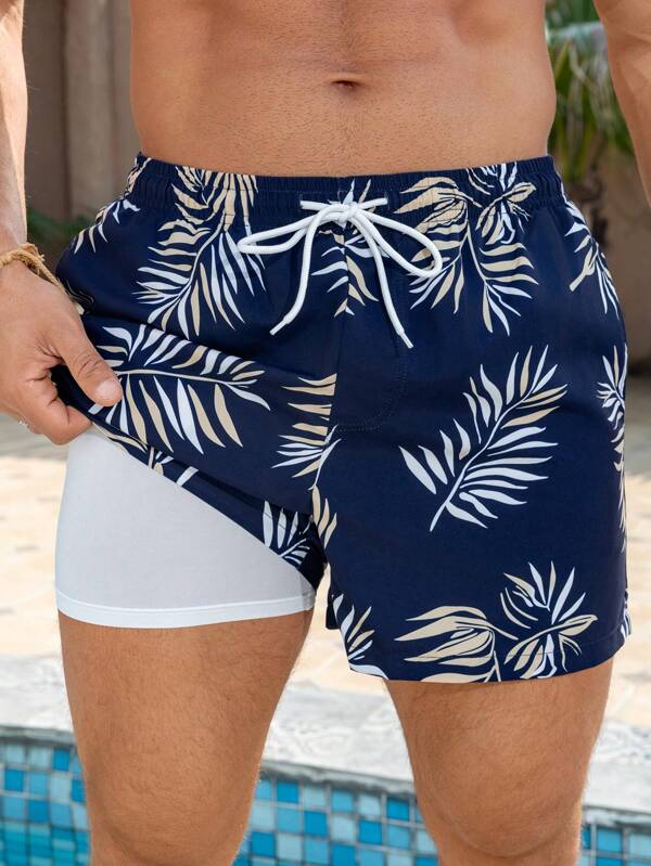 Manfinity VDAYZ Shorts de playa con estampado floral y cordón en la cintura para hombres, trajes de baño hawaianos