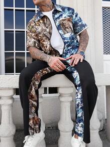 Manfinity LEGND Conjunto de camisa de manga corta y pantalones con estampado de camuflaje y color de contraste para hombre