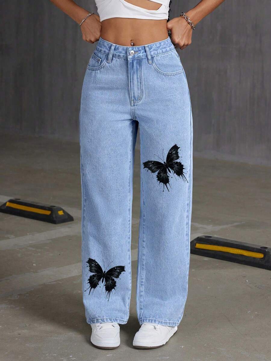 SHEIN EZwear جينز واسع سراويل مطبوع بفراشة سوداء مغسول - أزرق متوسط - مشاهدة 1