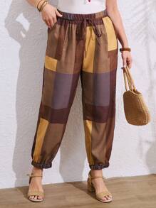EMERY ROSE 女士休闲编织迷彩印花松紧腰口袋宽松大码夏季长裤 - 棕色 - 查看 4