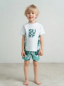 SHEIN 2 件装年轻男孩休闲假日植物印花圆领短袖上衣和短裤套装，适合海滩、游泳、冲浪、春夏季 - 白色 - 查看 4