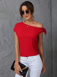 SHEIN Clasi Casual & Commuting Plain Asymmetric Collar Shirt - Red - View 1