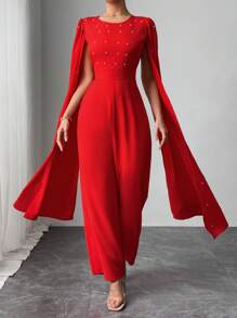 SHEIN Clasi Mono elegante para fiesta de mujer con capa decorada con cuentas - Rojo - Ver 1