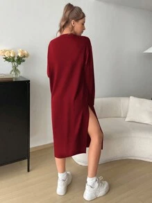 SHEIN Essnce Casual Solid Color Side Slit Oversized Drop Shoulder Dress - Burgundy - View 2