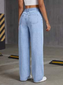 SHEIN EZwear جينز واسع سراويل مطبوع بفراشة سوداء مغسول - أزرق متوسط - مشاهدة 2