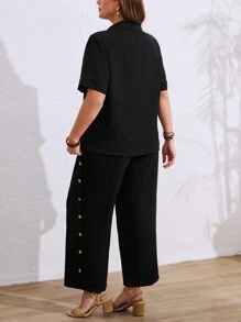 SHEIN LUNE Conjunto informal y cómodo de 2 piezas con decoración de botones para tallas grandes - Negro - Ver 2